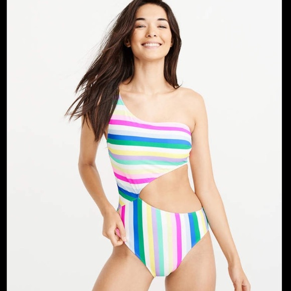 Abercrombie & Fitch Multi Color Cut Out One Piece Brazilian High Leg Swimsuit L - Picture 1 of 9